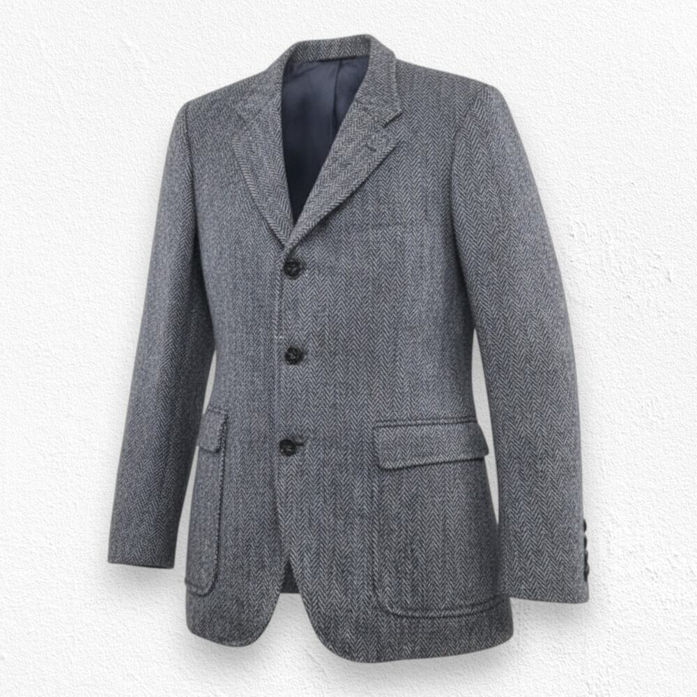 Vintage 50s Harris Tweed Wool Blazer Navy Gray Herringbone USA Made Size 42R